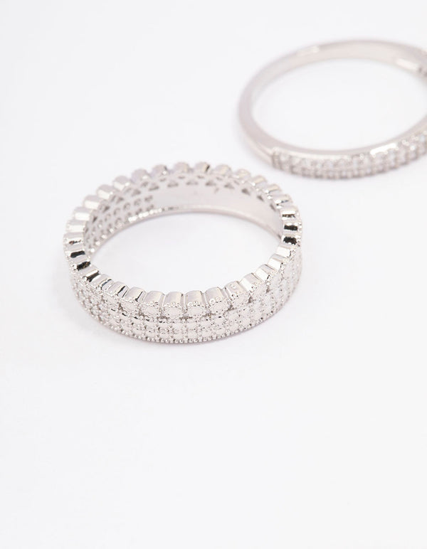 Elegant silver cubic zirconia double band stack ring featuring crystal embellishments close up view