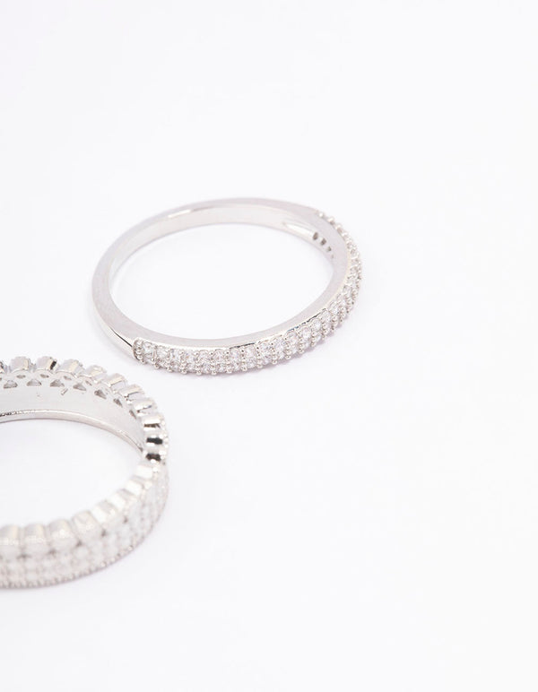 Stunning silver cubic zirconia double band stack ring designed with crystal details side detail view