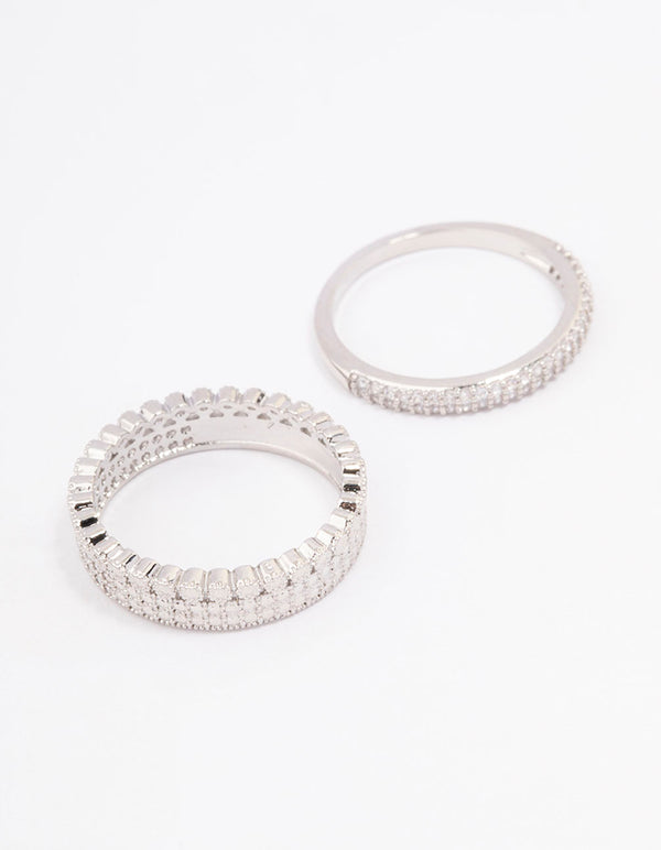 Beautifully crafted silver cubic zirconia double band stack ring with crystal accents front view
