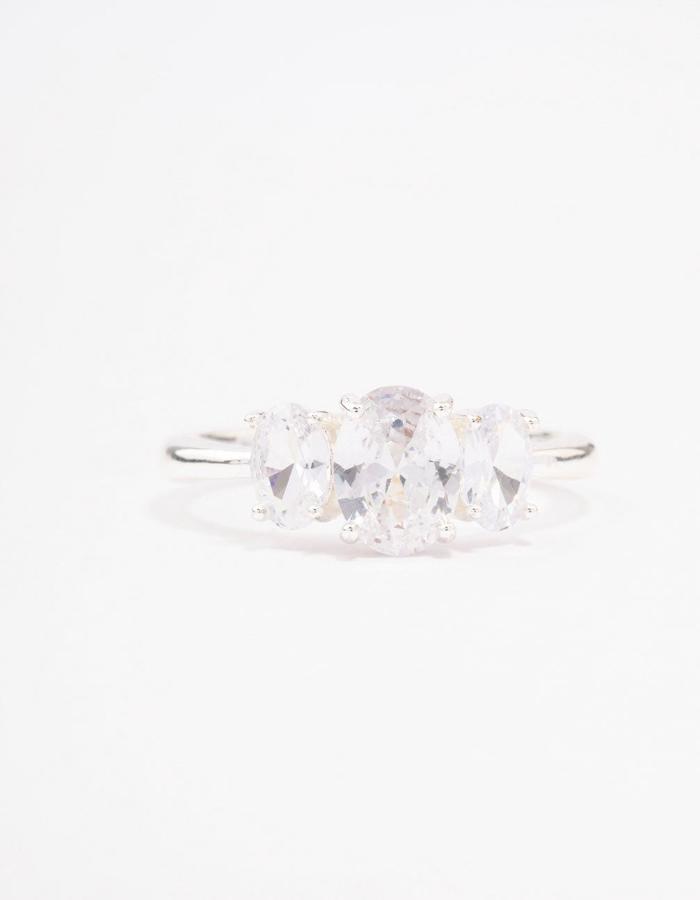 Elegant silver plated oval triple stone engagement ring featuring cubic zirconia front view