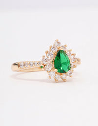 Elegant gold plated regal ring featuring a pear cut cubic zirconia stone in green with clear accents front view - link has visual effect only