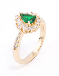 Beautifully crafted gold plated regal ring with pear cut cubic zirconia in green and clear side detail view - link has visual effect only