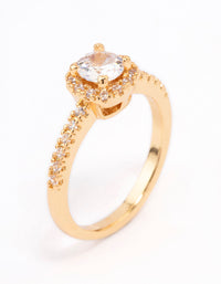 Showcasing a gold plated mini cushion cubic zirconia engagement ring with halo detailing and pavé band side detail view - link has visual effect only