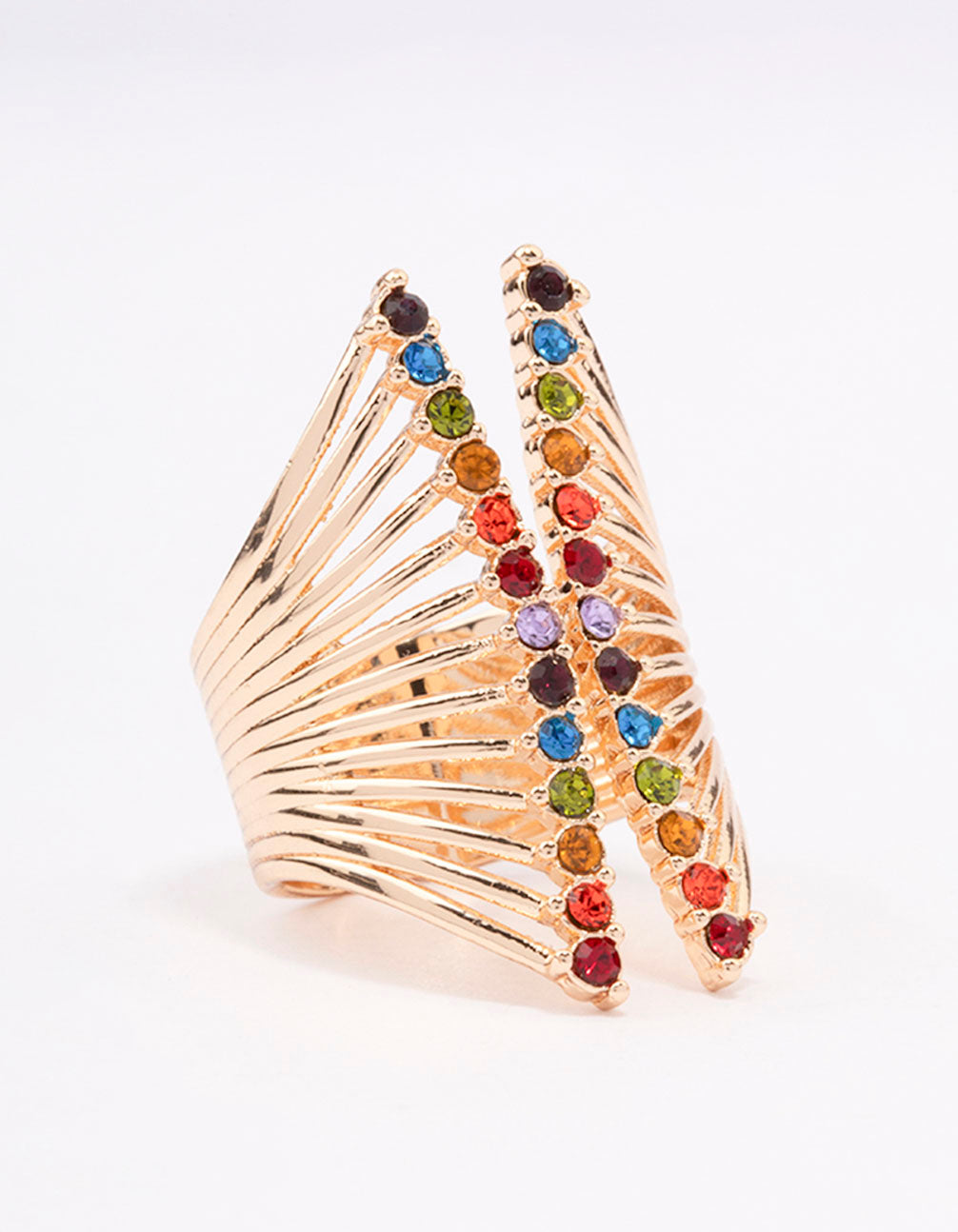 Showcasing a dainty gold ribbed cage ring with multicolored gemstones side detail view
