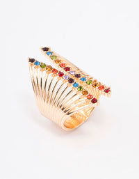 This dainty gold ribbed cage ring features multicolored gemstones in a sculptural design front view - link has visual effect only