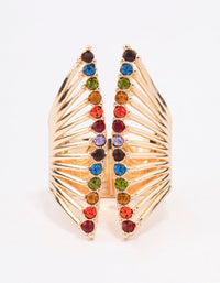 Featuring a dainty gold ribbed cage ring with multicolored gemstones and symmetrical band structure close up view - link has visual effect only