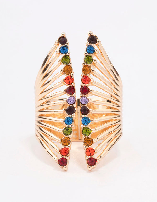 Featuring a dainty gold ribbed cage ring with multicolored gemstones and symmetrical band structure close up view