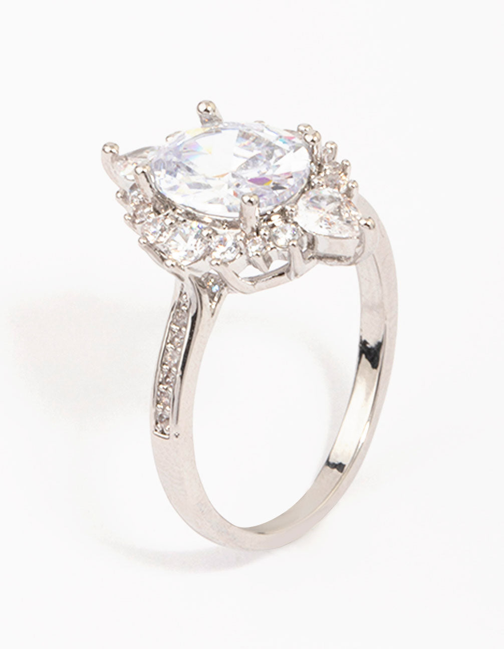 Crafted from silver shining star cubic zirconia ring featuring oval cut, crystal stones and clear accents side detail view