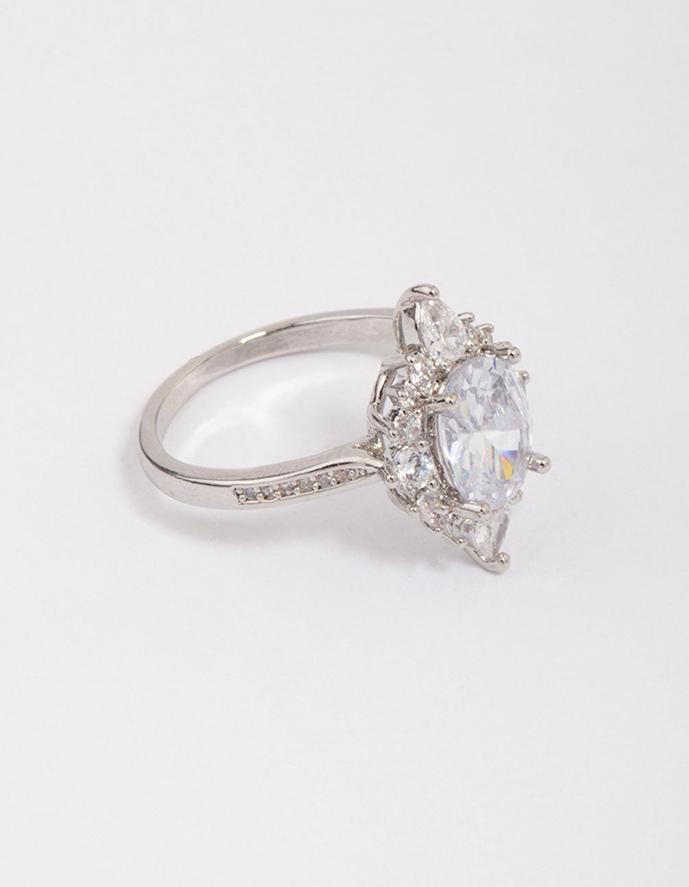 Showcasing a silver shining star cubic zirconia ring with featuring oval cut crystal stones and clear accents front view