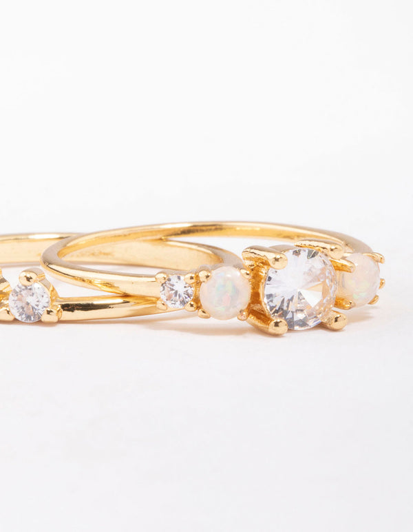 Crafted from gold plated metal, this petite cubic zirconia stacking ring close up view