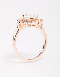 Stunning rose gold cubic zirconia framed square ring with crystal in side detail view - link has visual effect only