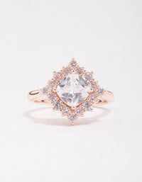 Elegantly designed rose gold cubic zirconia framed square ring with crystal showcasing front view - link has visual effect only