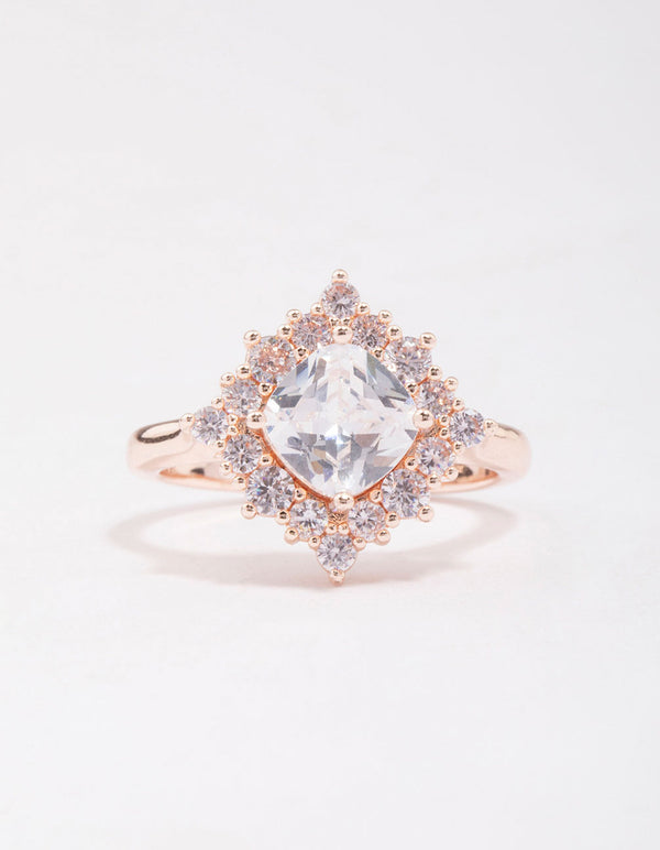 Elegantly designed rose gold cubic zirconia framed square ring with crystal showcasing front view