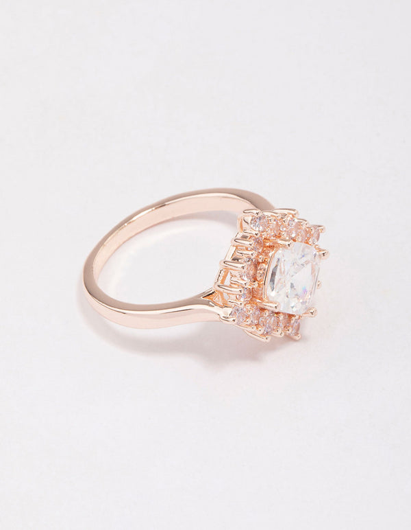 Beautifully crafted rose gold cubic zirconia framed square ring with crystal featuring close up view