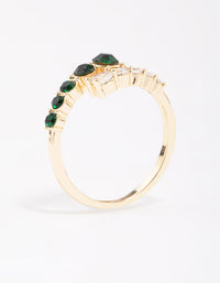Showcasing an overlapping ring in gold with emerald cut cubic zirconia front view - link has visual effect only