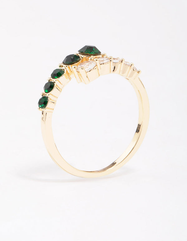 Showcasing an overlapping ring in gold with emerald cut cubic zirconia front view