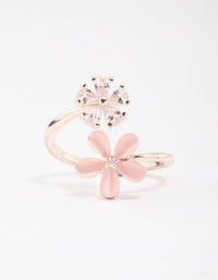 Elegant rose gold double daisy wrapped ring with floral design close up view - link has visual effect only