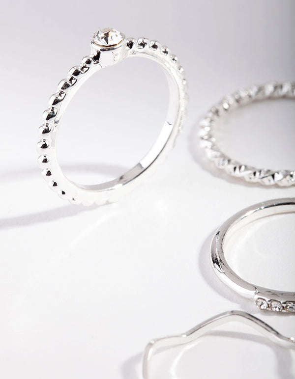 Crafted with silver diamante mixed band stacking rings 6-pack close up view