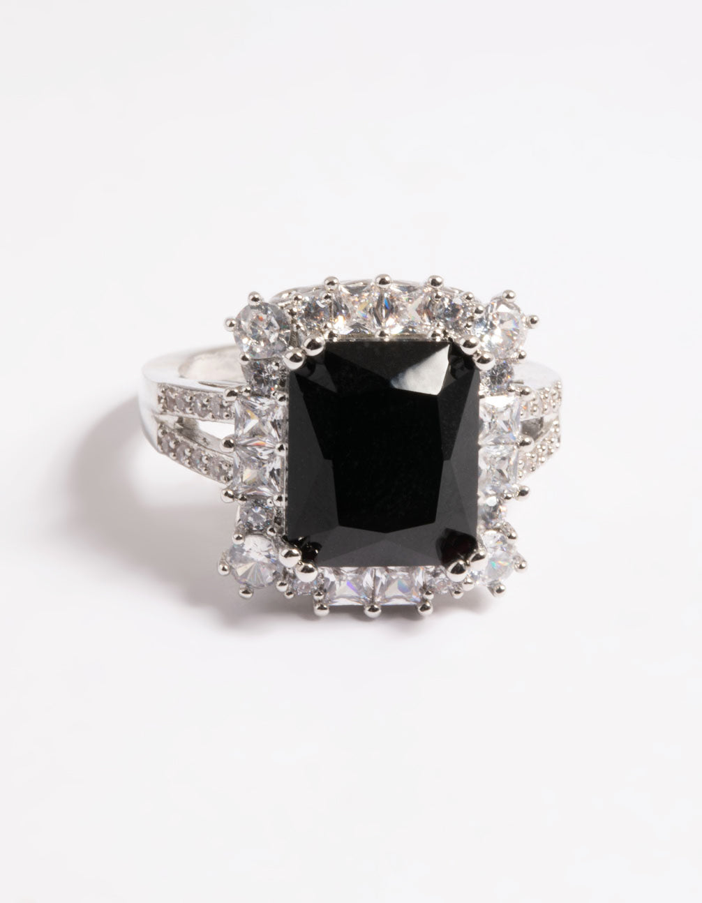 Crafted from cubic zirconia with emerald cut stone in black and silver close up view