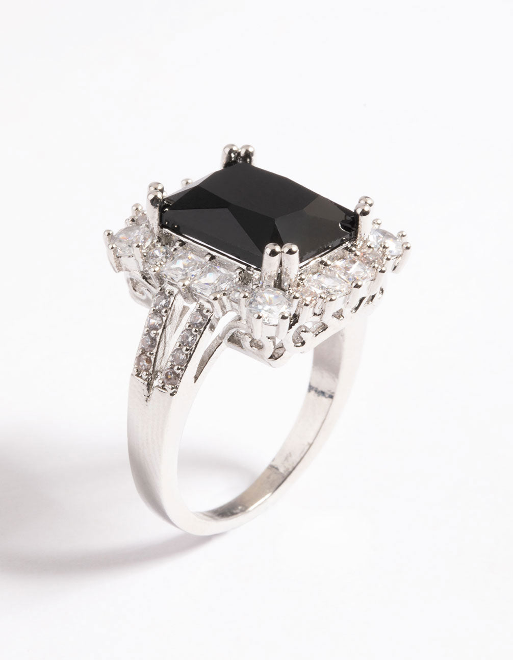 Featuring cubic zirconia with emerald cut stone in black and silver side detail view