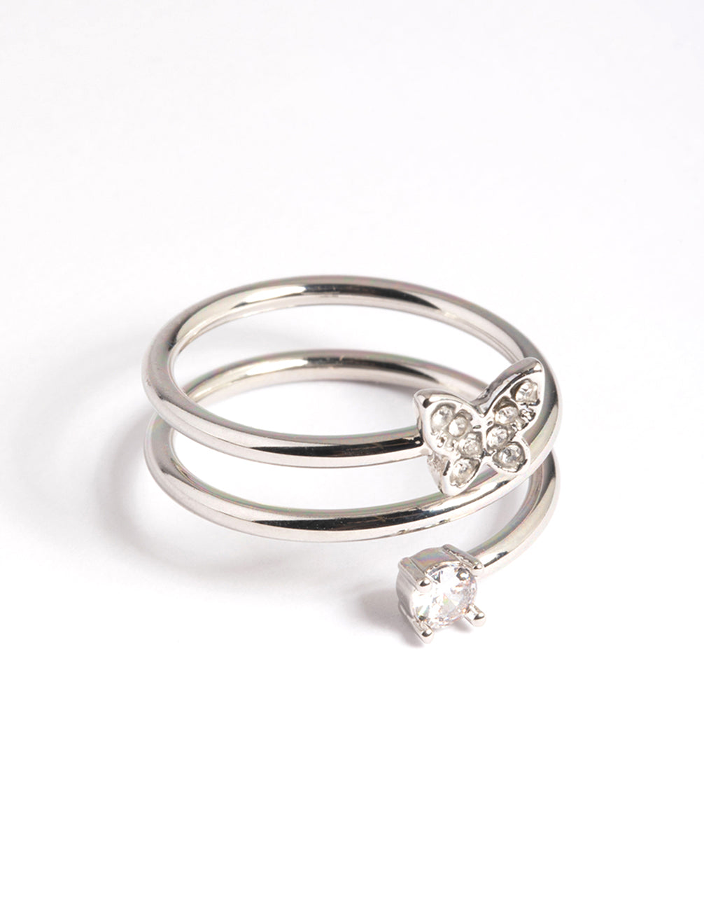 Showcasing a silver mini butterfly wrap ring front view