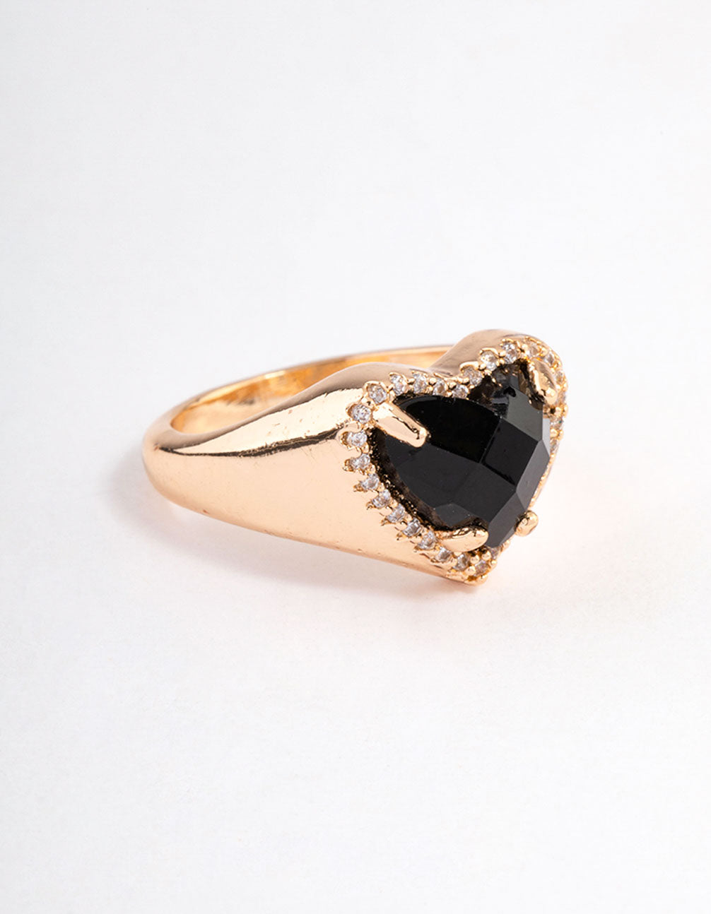 Elegantly designed gold black statement heart ring front view