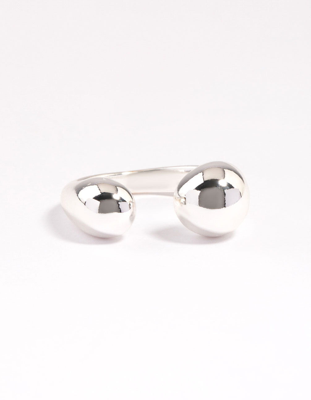 Featuring a silver plated open sphere ring close up view