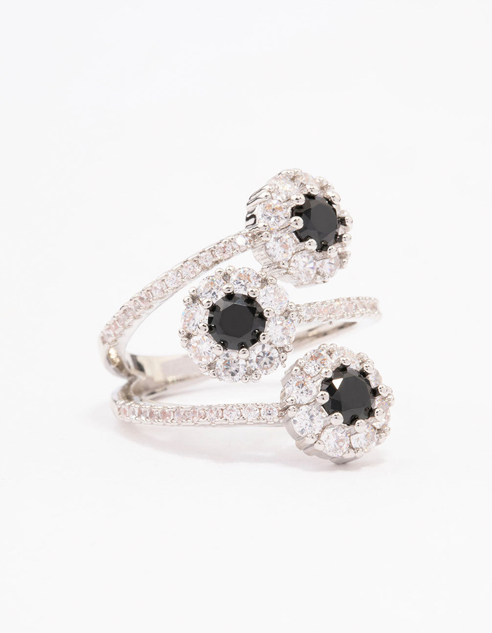 Showcasing a black round triple tier ring featuring round stone cut in silver and white tones front view
