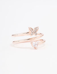 Showcasing a rose gold plated butterfly and heart wrapped ring front view - link has visual effect only