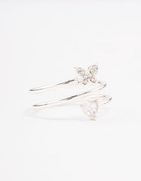 Showcasing a silver plated heart butterfly wrapped ring front view - link has visual effect only