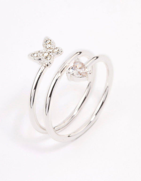 Crafted from silver plated metal, this heart butterfly wrapped ring side detail view