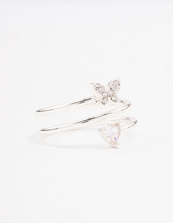 Showcasing a silver plated heart butterfly wrapped ring front view