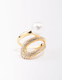 Featuring a gold plated pave pearl cocktail ring with cubic zirconia front view - link has visual effect only