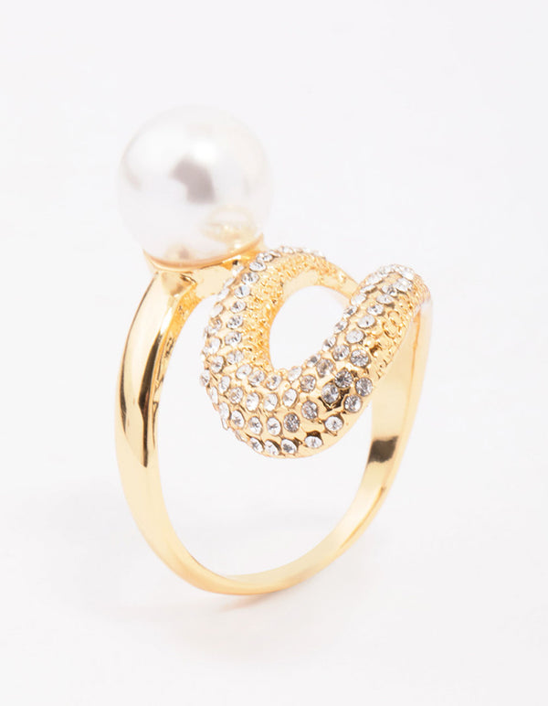 Showcasing a gold plated pave pearl cocktail ring with cubic zirconia side detail view