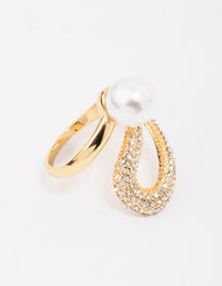 Displaying a gold plated pave pearl cocktail ring with cubic zirconia close up view - link has visual effect only