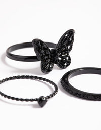Featuring a butterfly heart black ring pack close up view - link has visual effect only