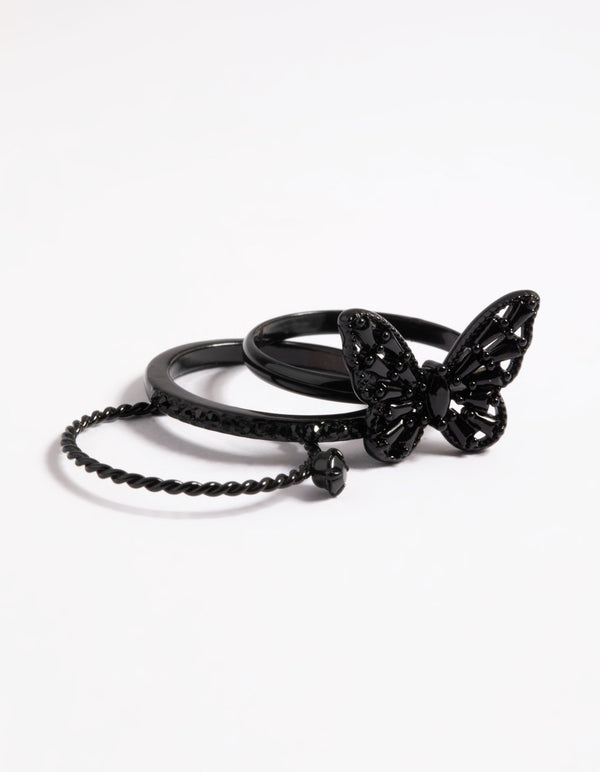 Designed with butterfly charm heart black ring pack side detail view