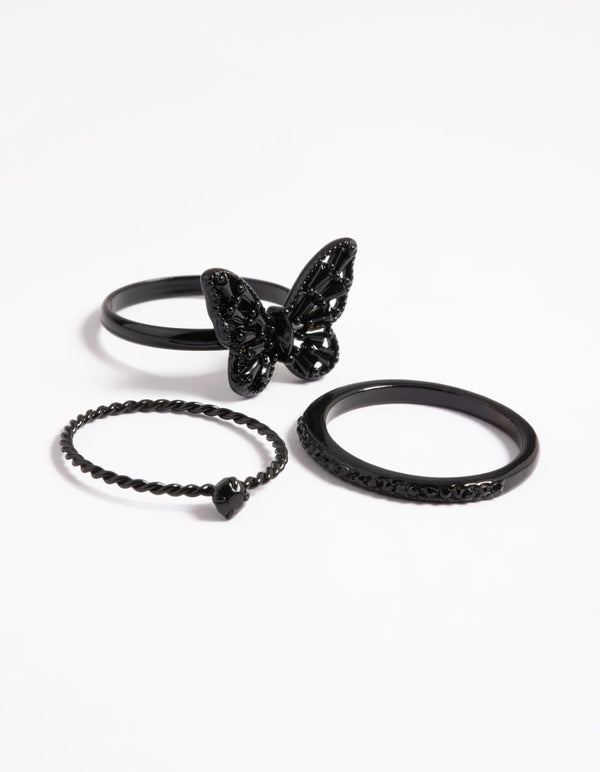 Crafted from butterfly heart black ring pack front view