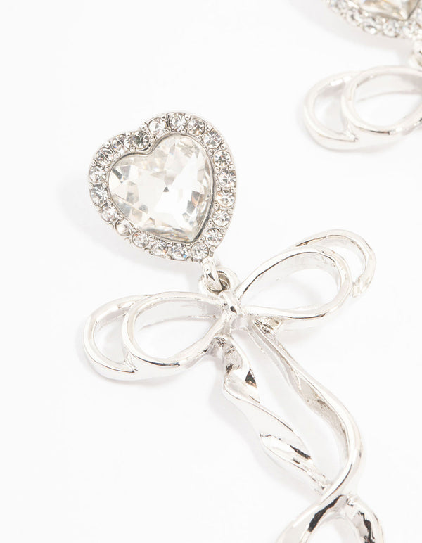 Silver Diamante Heart Bow Drop Earrings