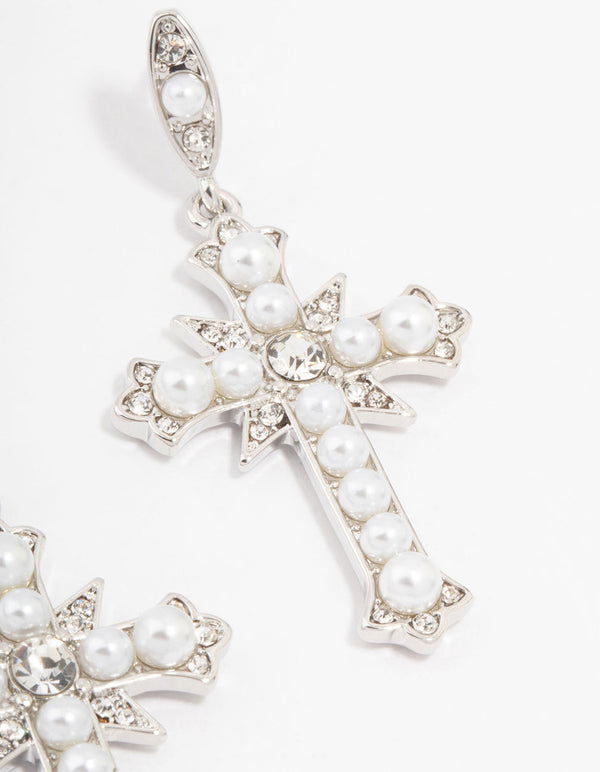 Silver Pearl Cross Drop Earrings