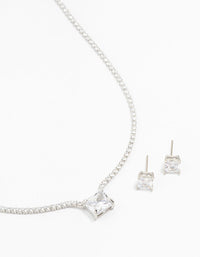 Square Silver Cubic Zirconia Necklace & Stud Earrings Pack - link has visual effect only