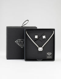 Square Silver Cubic Zirconia Necklace & Stud Earrings Pack - link has visual effect only