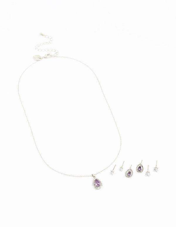 Silver Multiple Purple & Silver  Pear Earring & Necklace Set