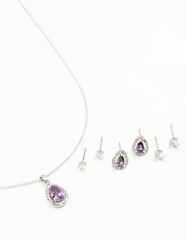 Silver Multiple Purple & Silver  Pear Earring & Necklace Set
