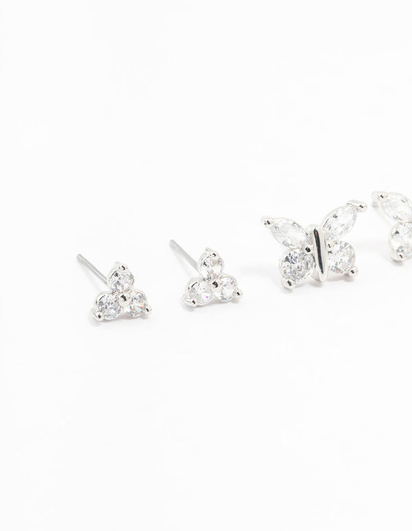 Silver Cubic Zirconia Butterfly Stud Earrings 3-Pack