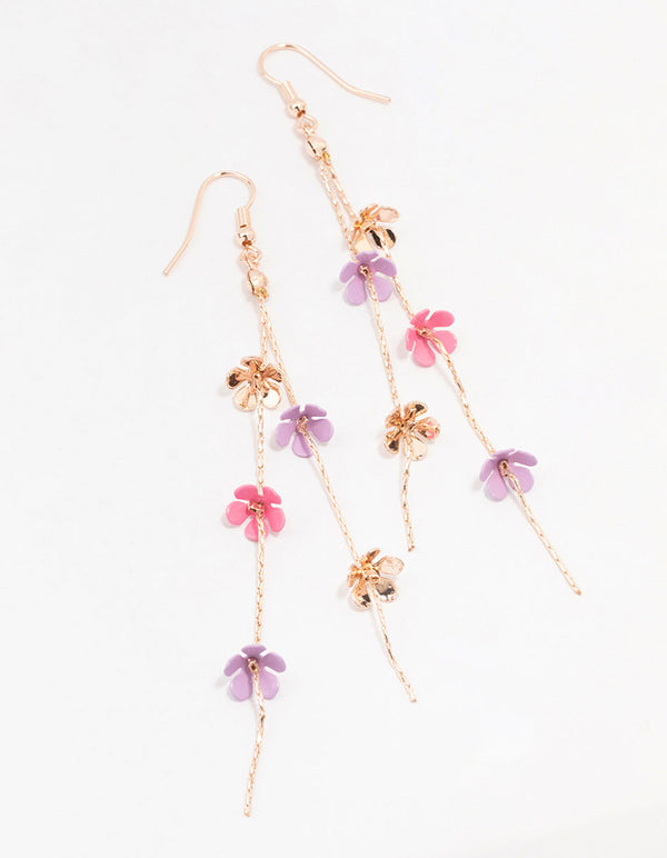 Rose Gold Multi-Coloured Flower Chain Drop Earrings
