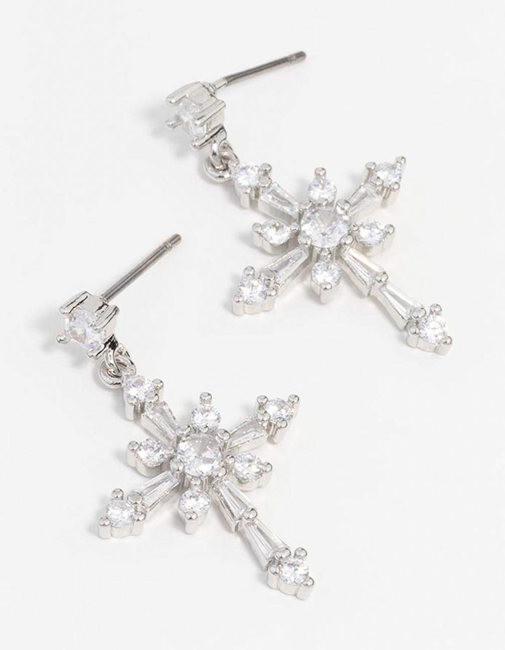 Silver Cubic Zirconia Cross Drop Earrings