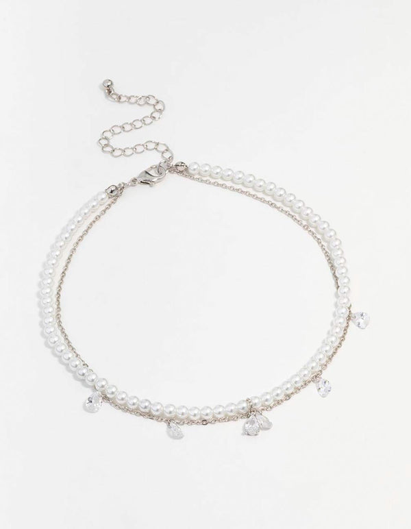 Silver Cubic Zirconia Pearl Double Choker