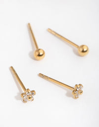 24 Carat Gold Plated Surgical Steel Ball & Flower Stud Earrings 2-Pack - link has visual effect only