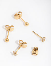 24 Carat Gold Plated Surgical Steel Ball & Flower Stud Earrings 2-Pack - link has visual effect only